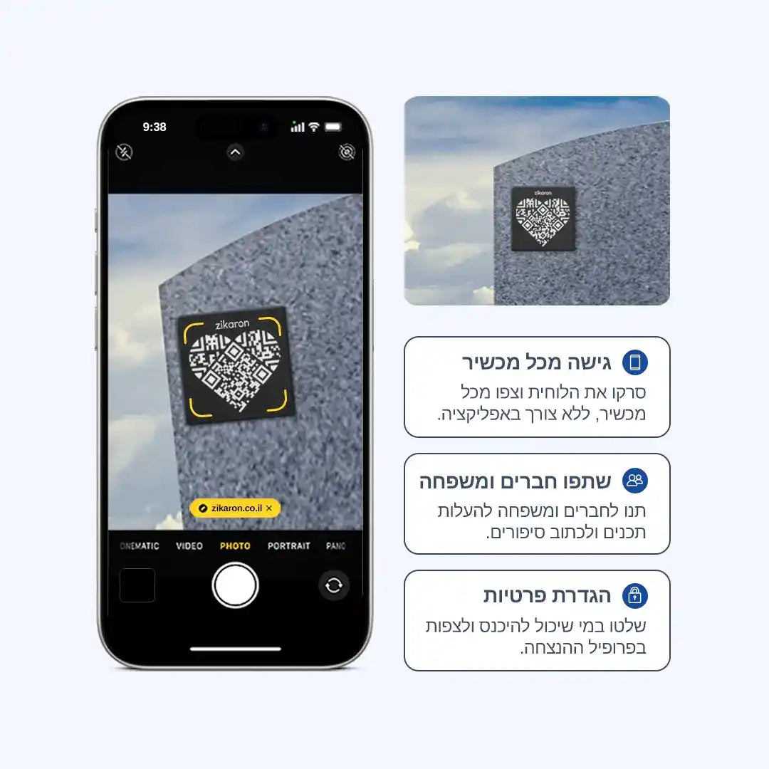 קוד זיכרון למצבה עם קוד QR המתחבר לפרופיל הנצחה דיגיטלי